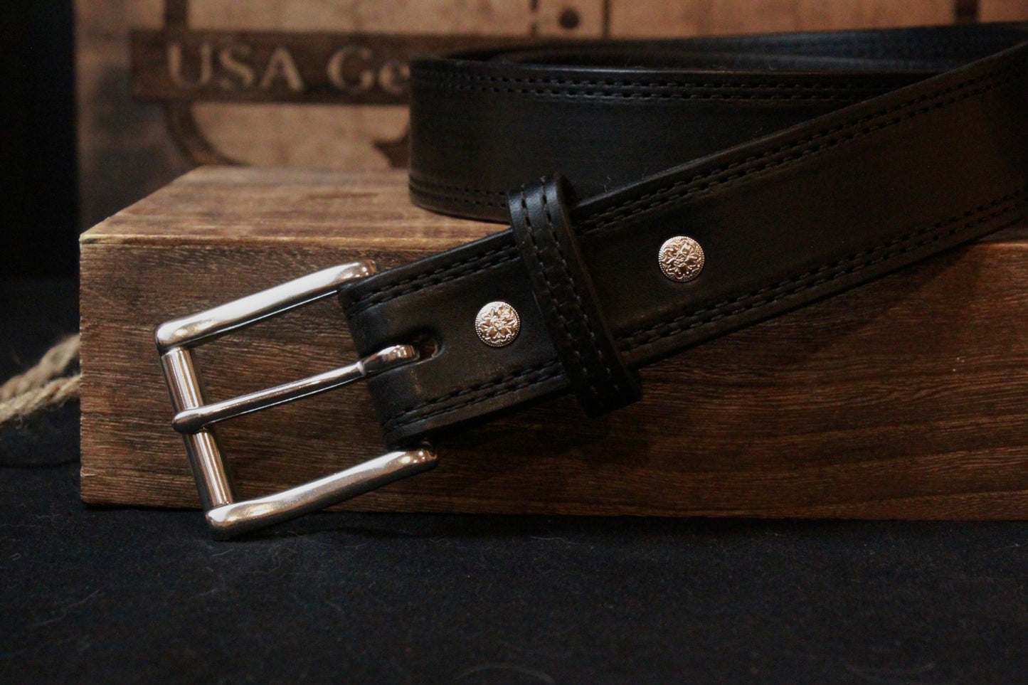 Black Work Belt, men’s leather belt, front view