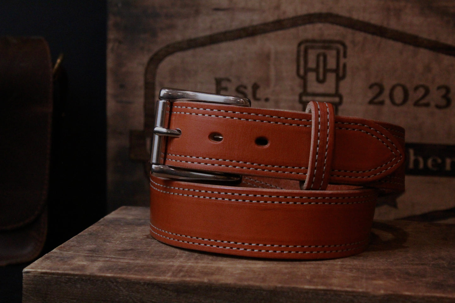 Work Belt, men’s leather belt, front view buckled