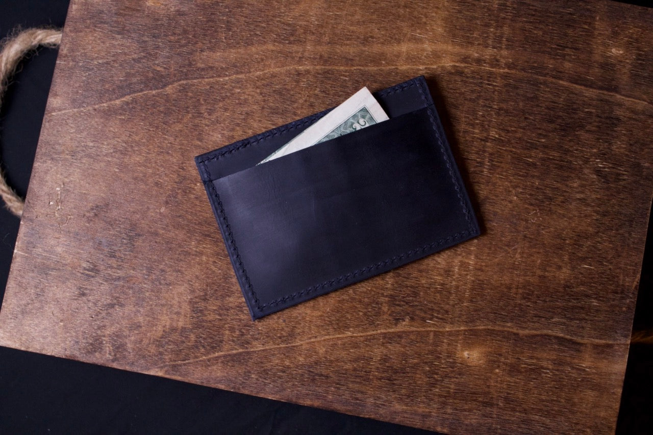 Barebones Card Wallet, mens leather wallet, navy blue, back view