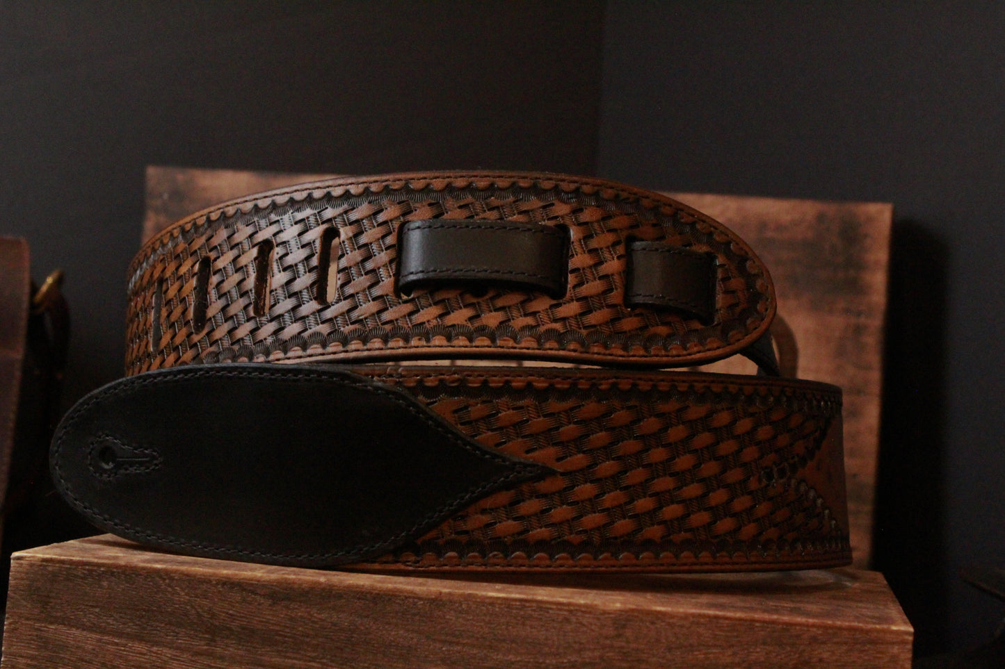 Custom Hand Tooled Leather Guitar Strap, front view stacked