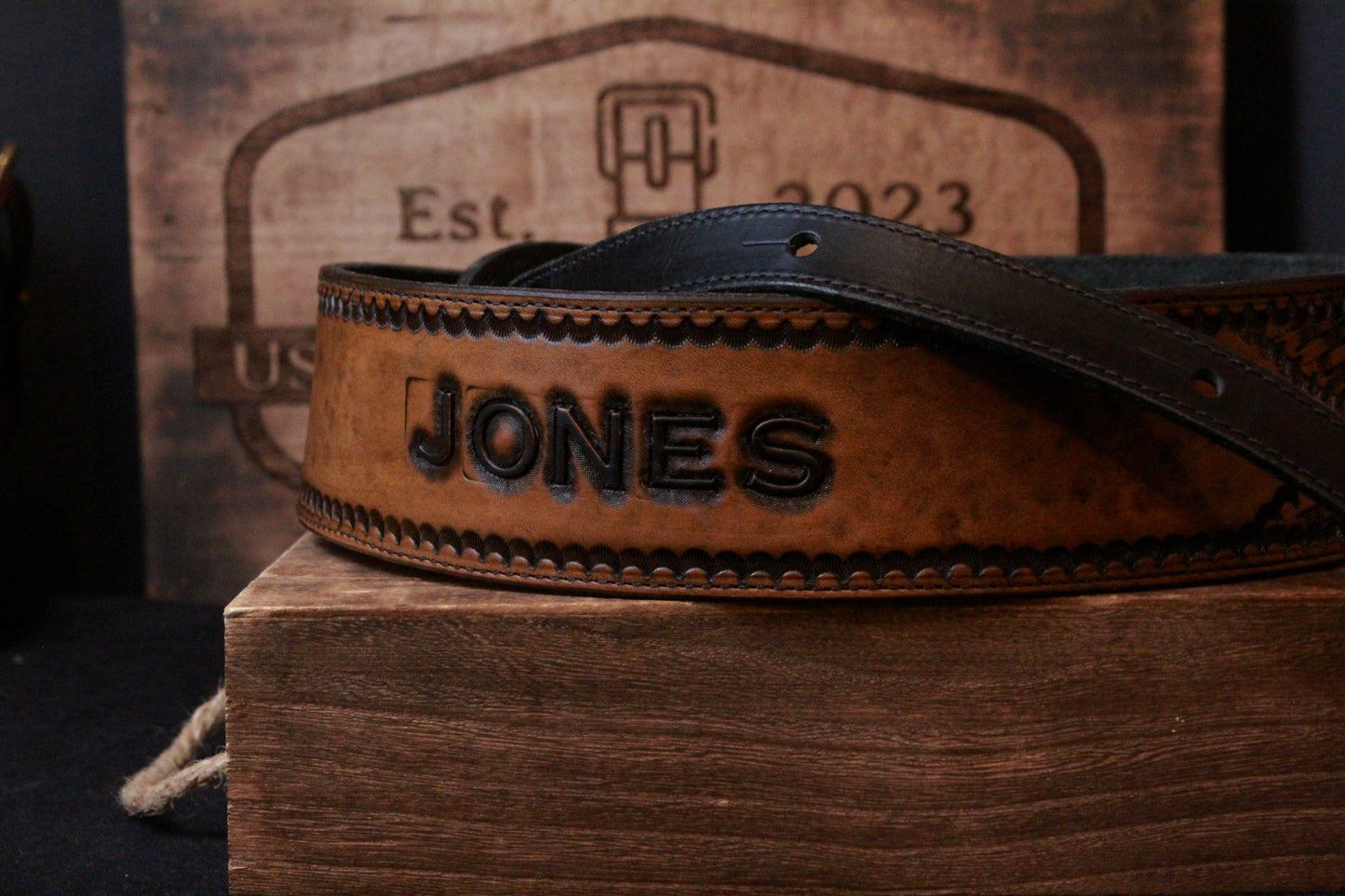 Custom Hand Tooled Leather Guitar Strap, front view name rolled