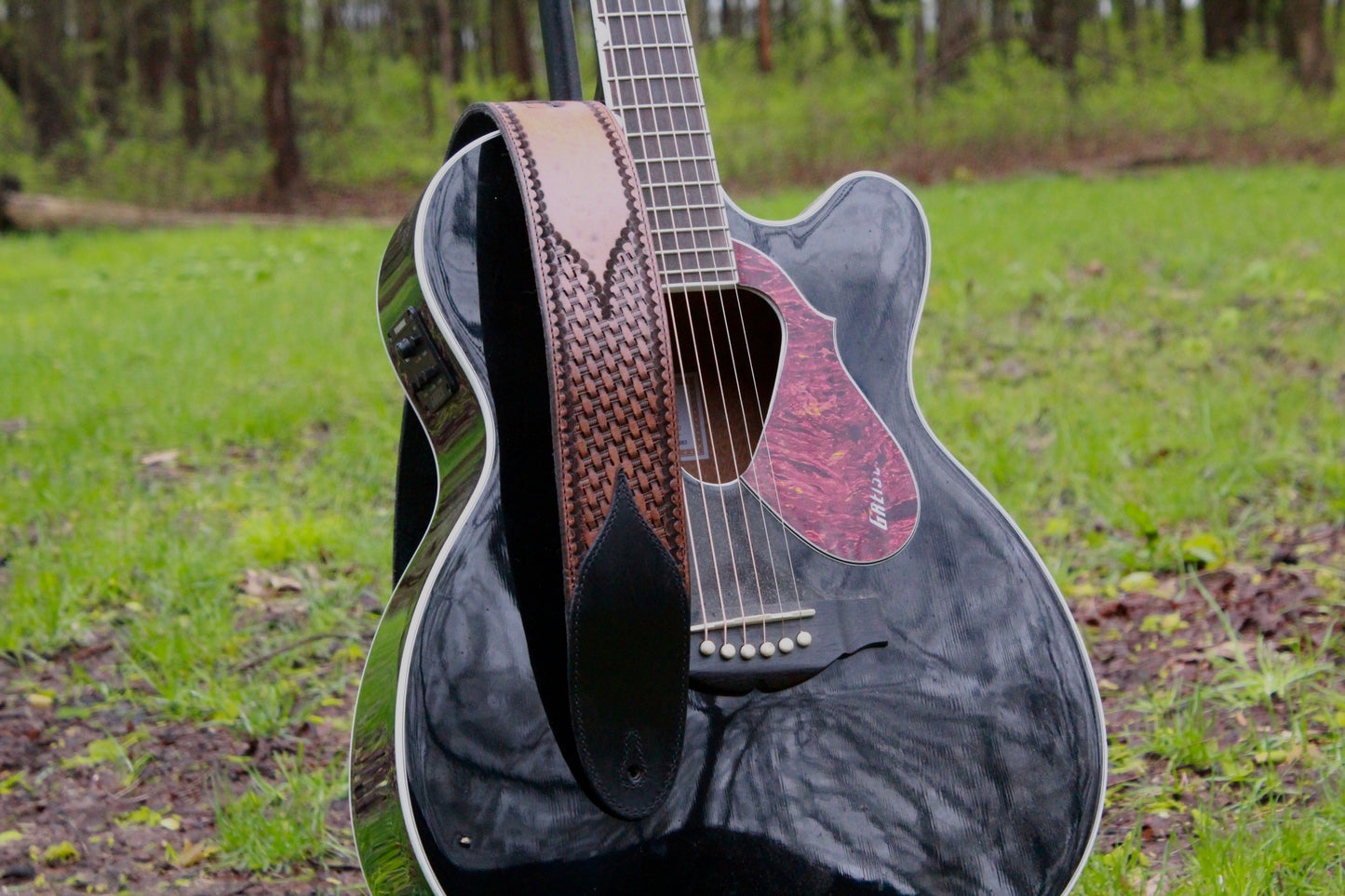 Custom Hand Tooled Leather Guitar Strap, front view top