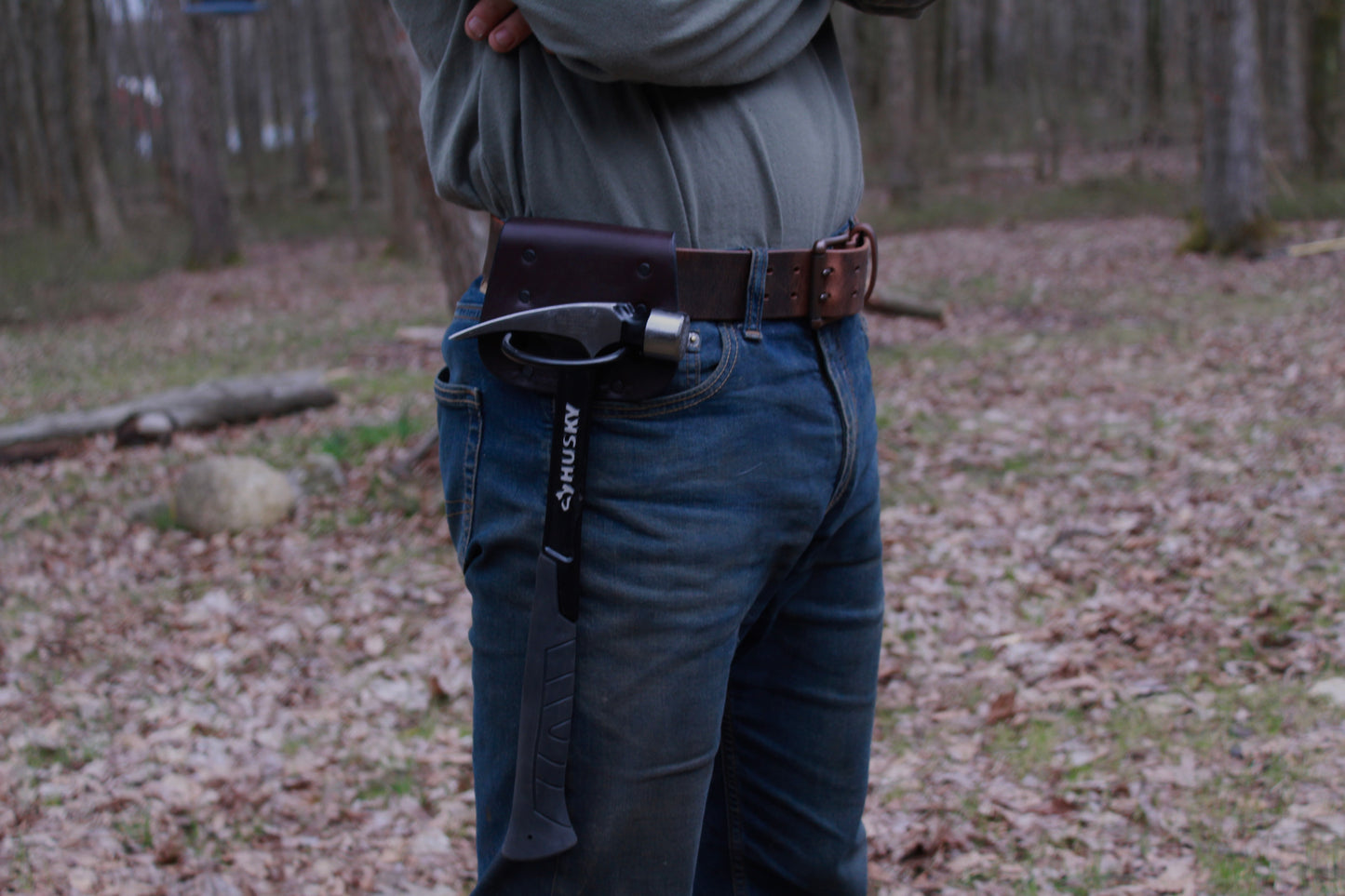 High Mount leather Hammer Holder, on person view