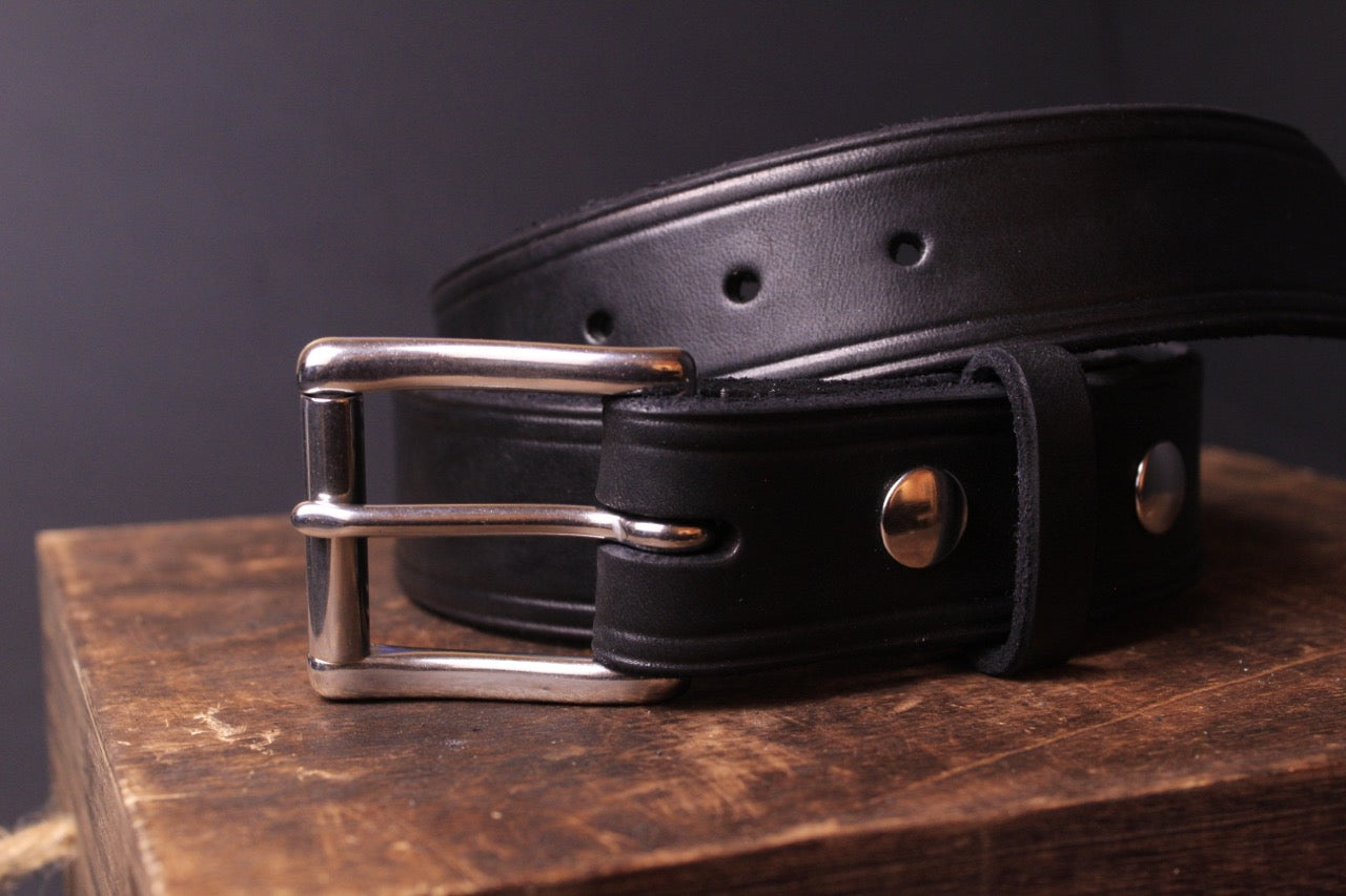 Ol' Reliable mens leather belt, black, front rolled view