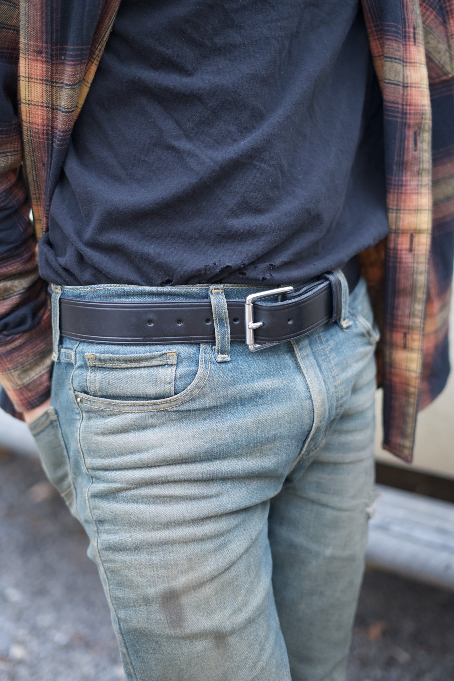 Ol' Reliable mens leather belt, black, on person view