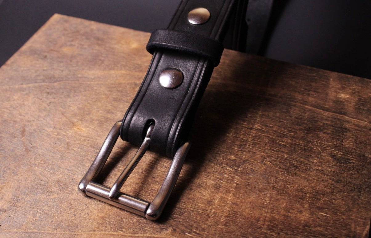 Ol' Reliable mens leather belt, black, top right view