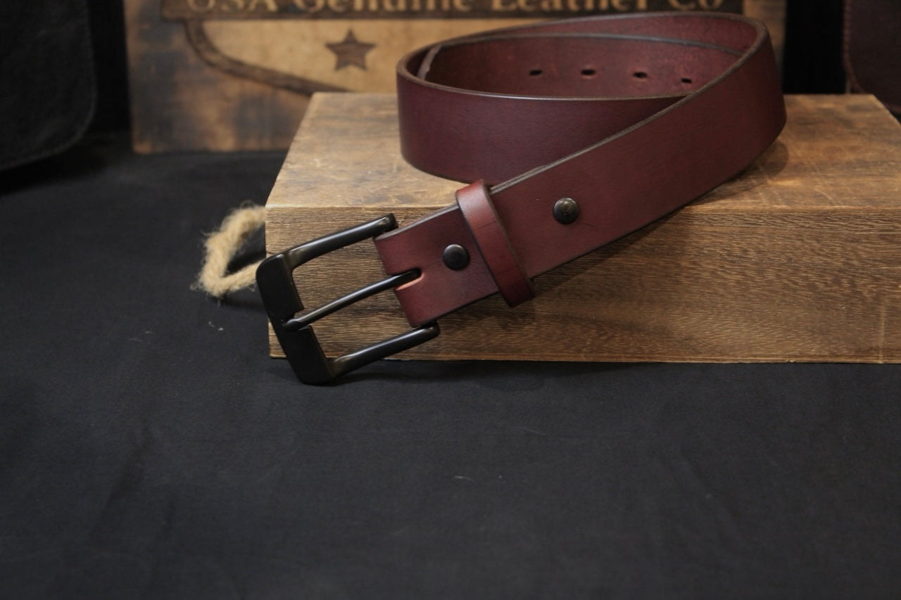 The Ron Burgundy mens leather belt, front view