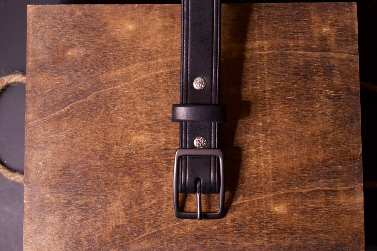 The Sharp Dressed Man mens leather belt, black, top view