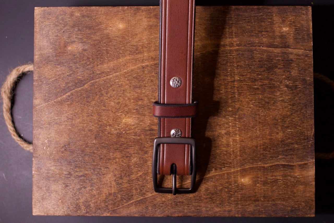 The Sharp Dressed Man mens leather belt, brown, top view