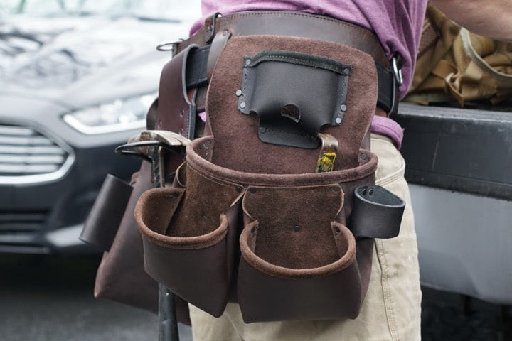 leather Tool Bag, brown, right side view on person