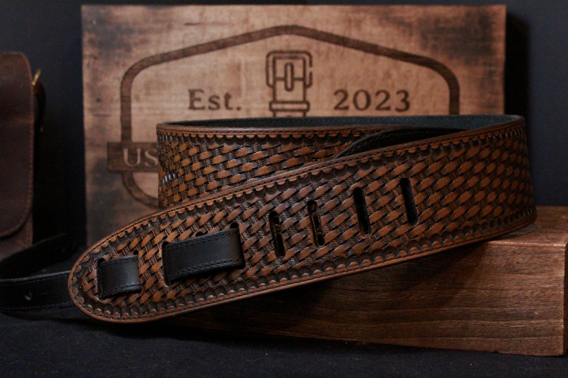 Custom Hand Tooled Leather Guitar Strap, front view rested