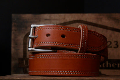 Work Belt, men’s leather belt, closeup view buckled 