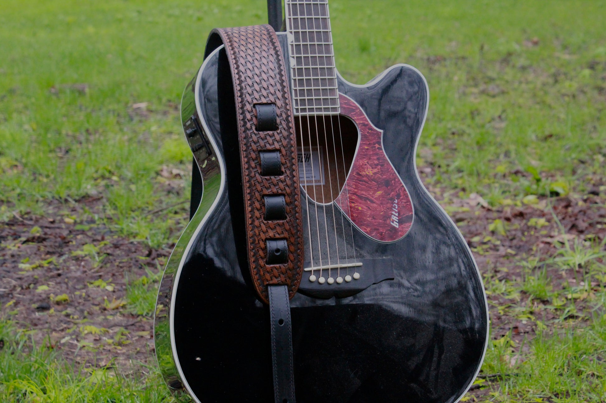 Custom Hand Tooled Leather Guitar Strap, front view bottom