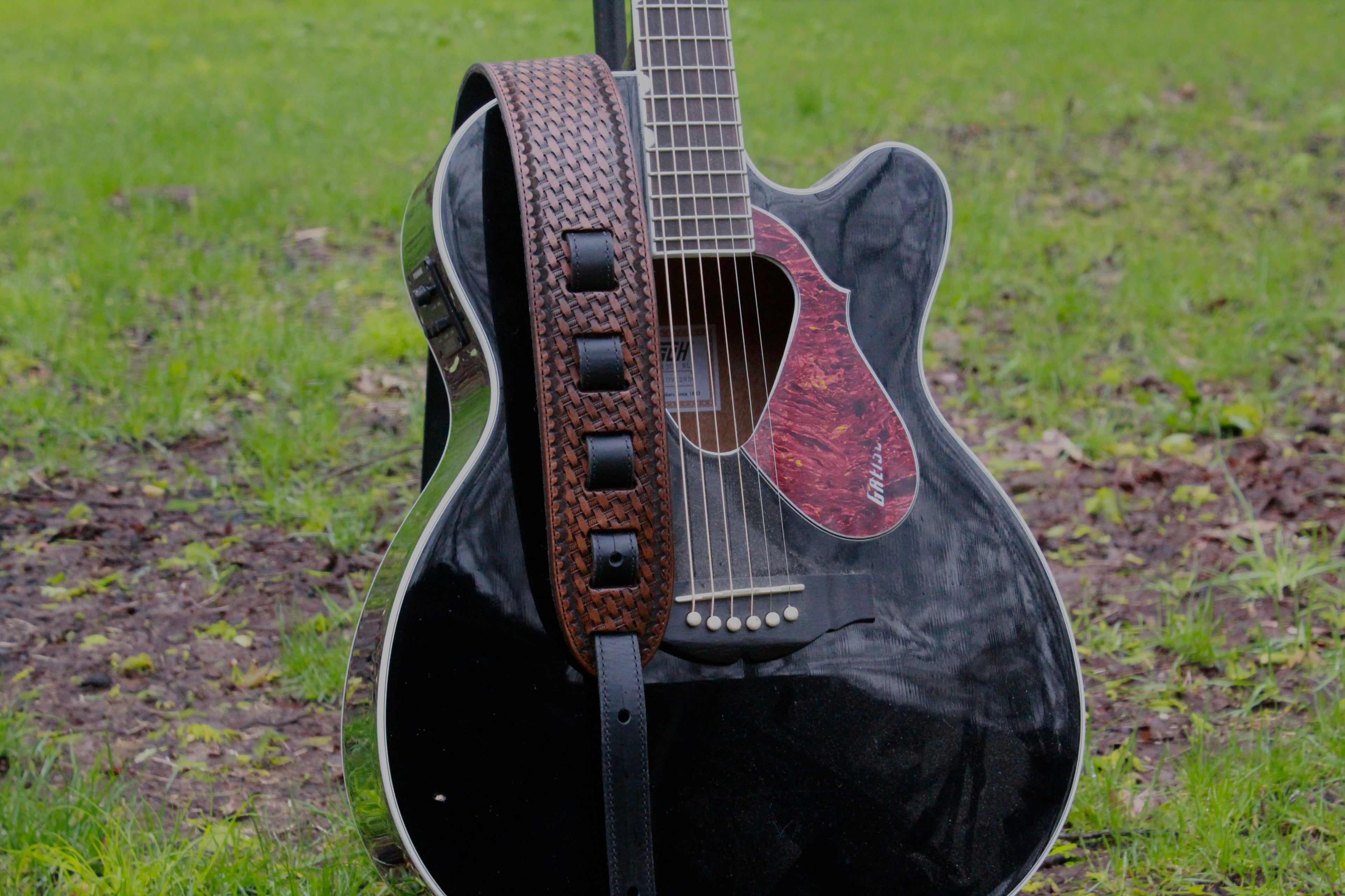 Custom Hand Tooled Leather Guitar Strap, front view bottom
