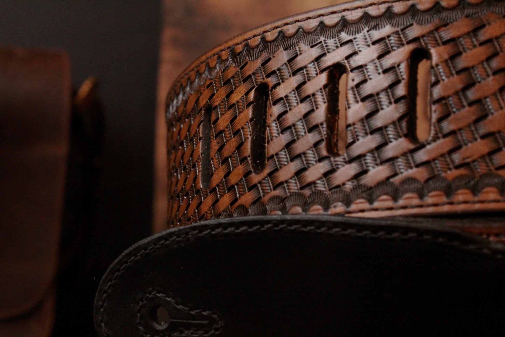 Custom Hand Tooled Leather Guitar Strap, closeup