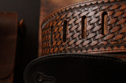Custom Hand Tooled Leather Guitar Strap, closeup
