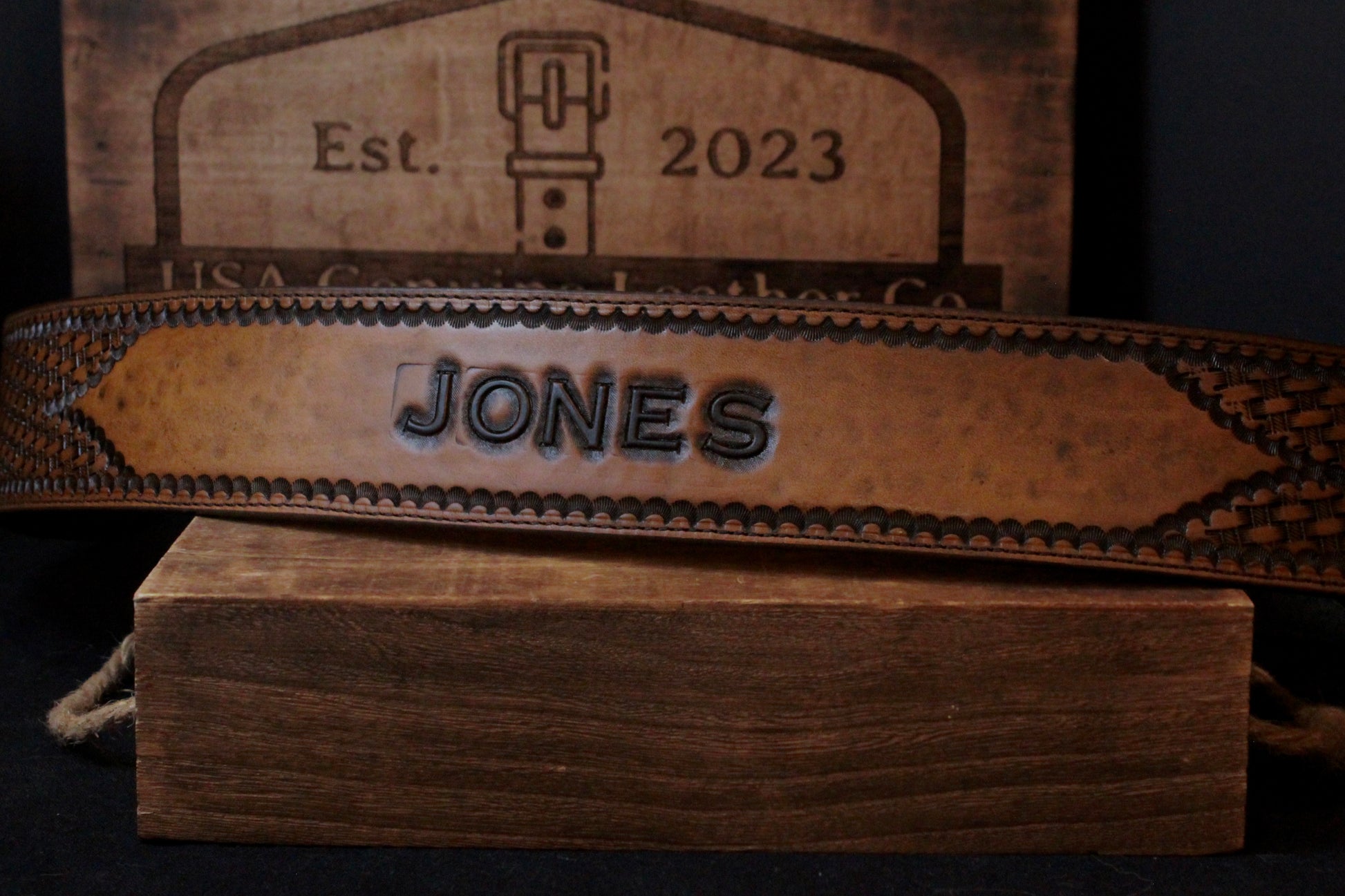 Custom Hand Tooled Leather Guitar Strap, front view name 
