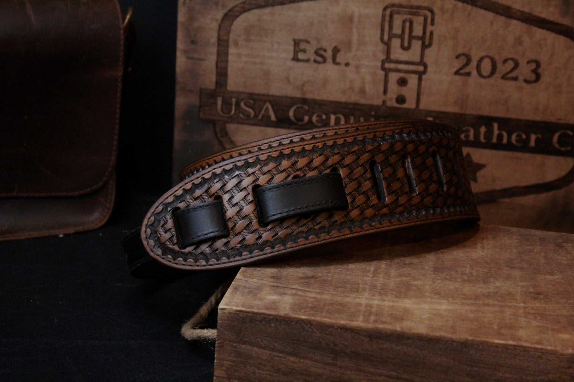 Custom Hand Tooled Leather Guitar Strap, front view rolled