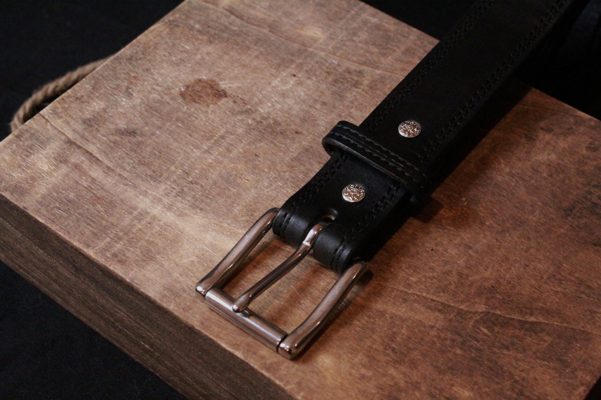 Black Work Belt, men’s leather belt, top right view