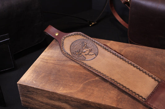 Hand Tooled Gun Strap, rifle sling, front left view
