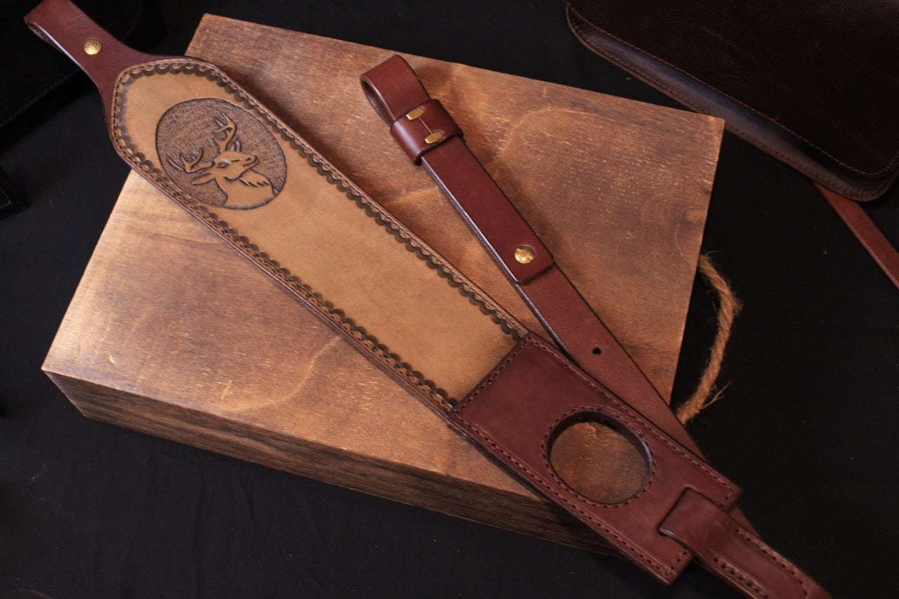 hand tooled leather rifle sling - hand tooled leather rifle strap - hand tooled leather gun sling - hand tooled leather gun strap - brown - for hunting