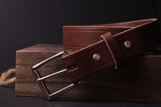 Ol’ Reliable mens leather belt, brown, front view