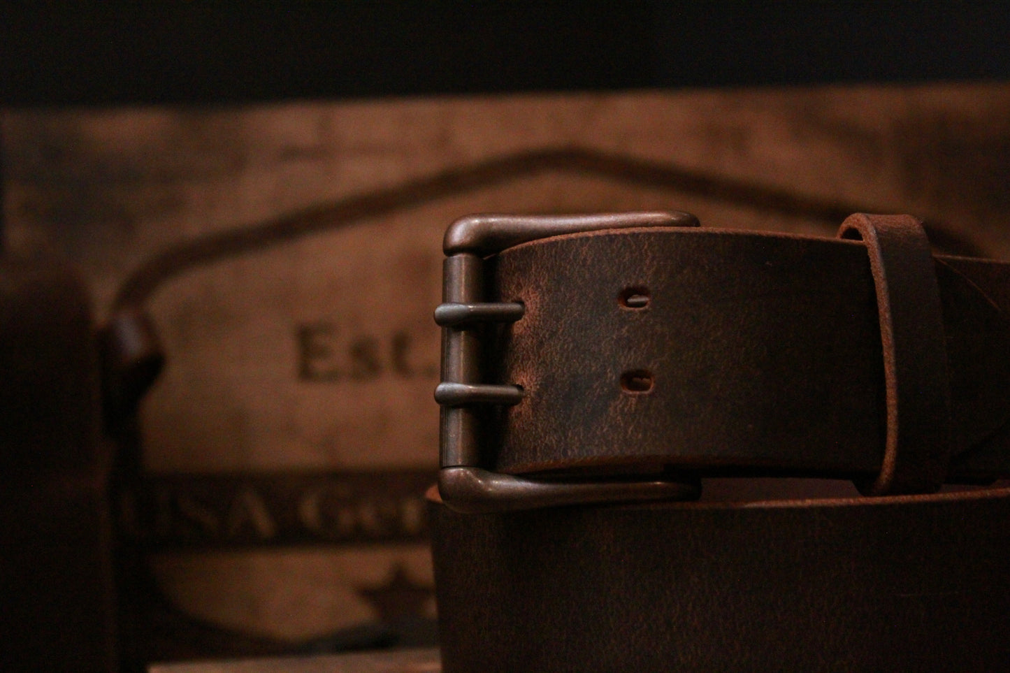 The Lone Ranger mens leather belt, closeup