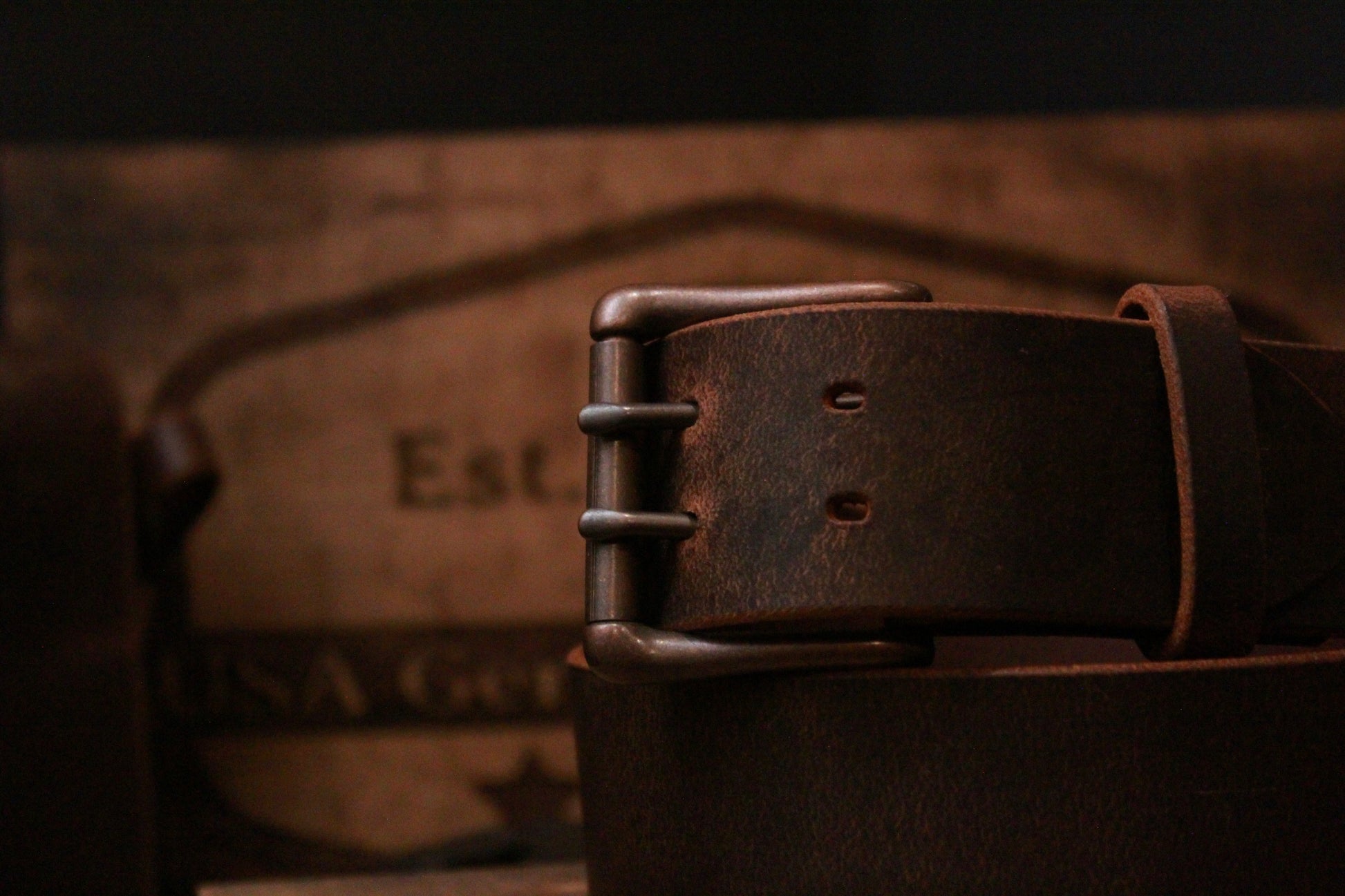 The Lone Ranger mens leather belt, closeup