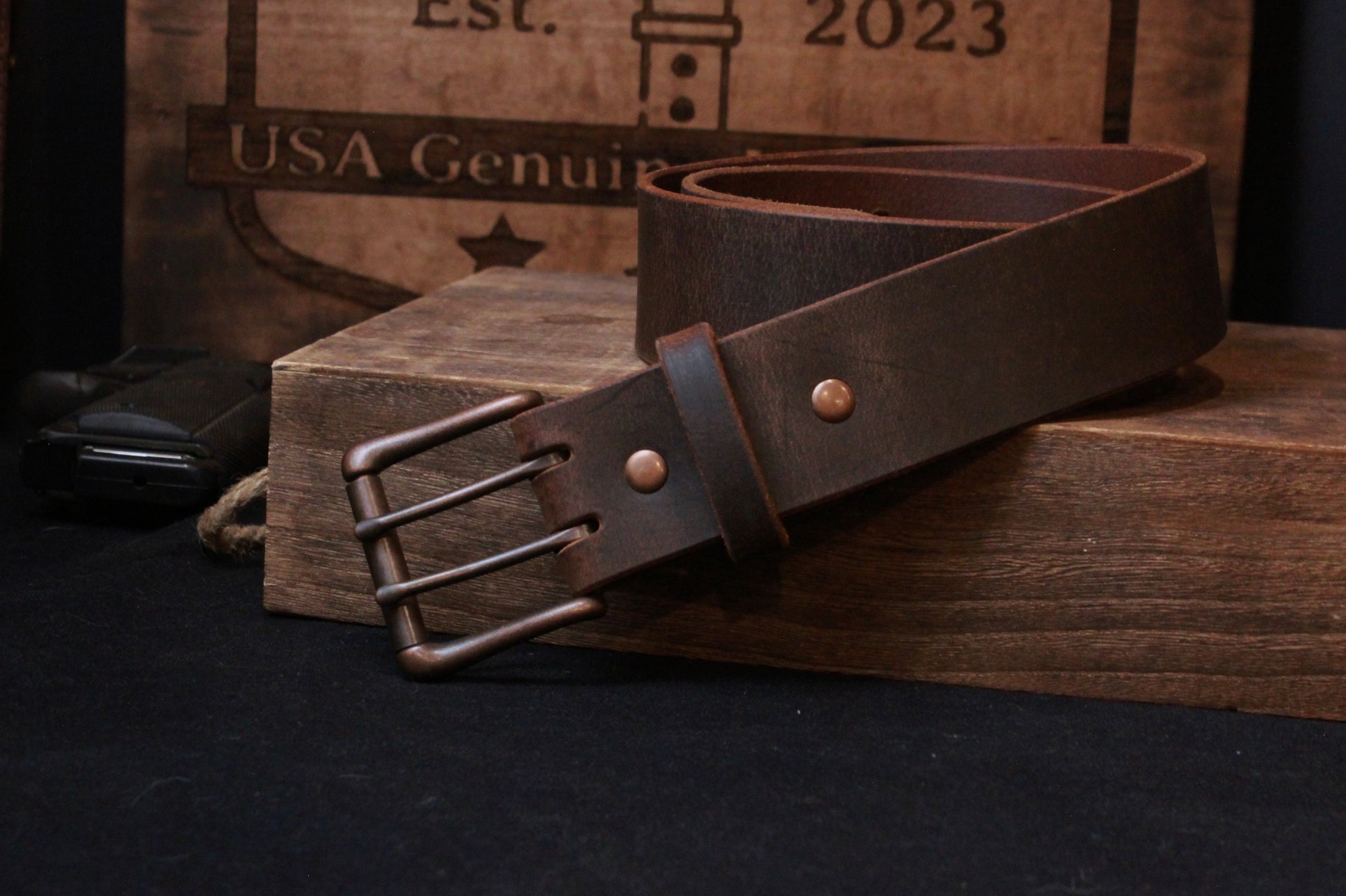 The Lone Ranger mens leather belt, front view rested