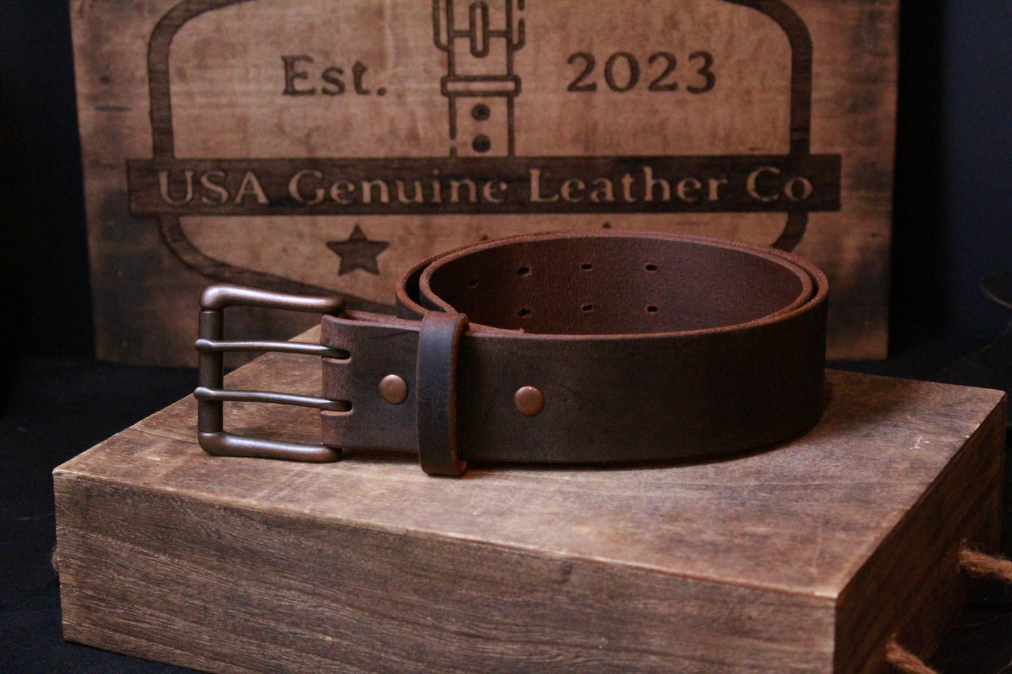 The Lone Ranger mens leather belt, front view rolled