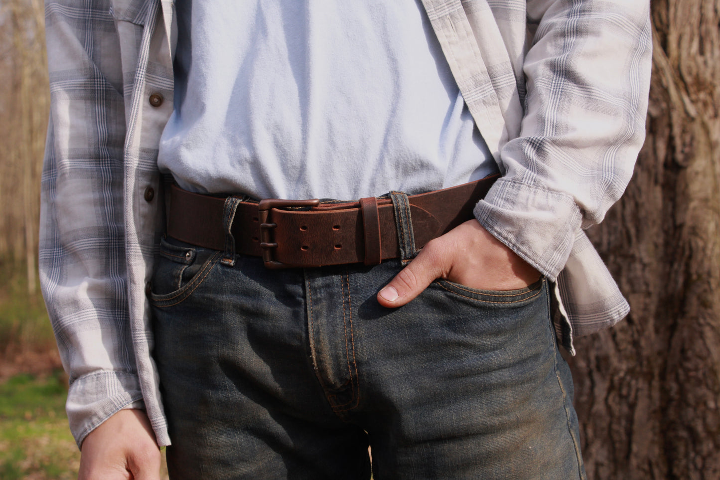 The Lone Ranger mens leather belt, on person view