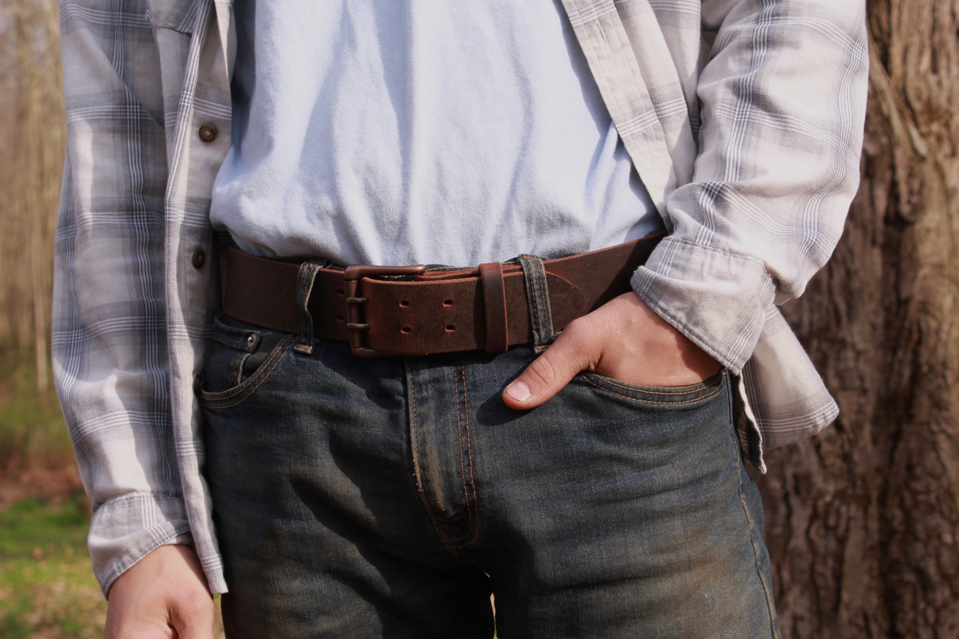 The Lone Ranger mens leather belt, on person view