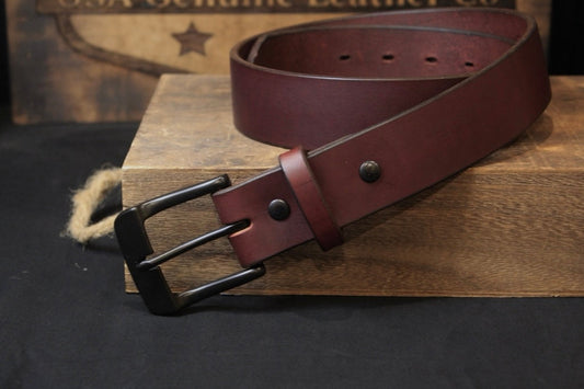 The Ron Burgundy mens leather belt, front view