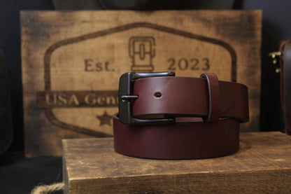 The Ron Burgundy mens leather belt, front view buckled