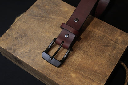 The Ron Burgundy mens leather belt, top right view