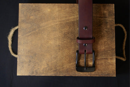 The Ron Burgundy mens leather belt, top view