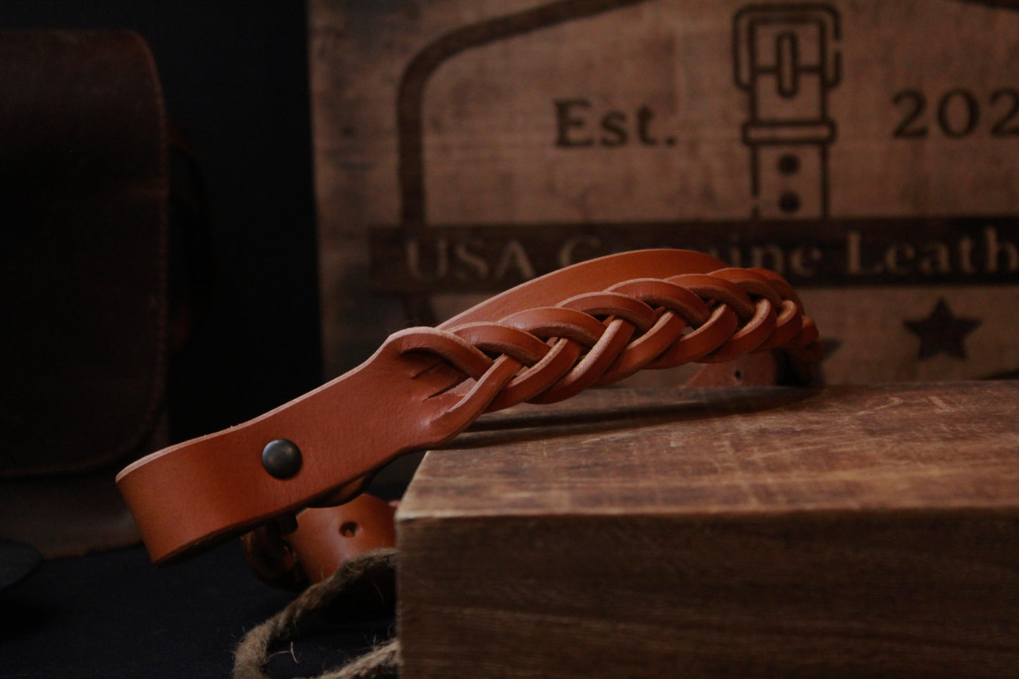 golden brown braided leather gun sling - golden brown braided leather gun strap - front - braided leather rifle sling - braided leather rifle strap for hunting