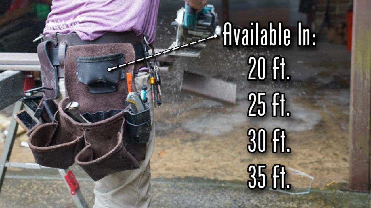 brown leather tool belt, back right view on person, description