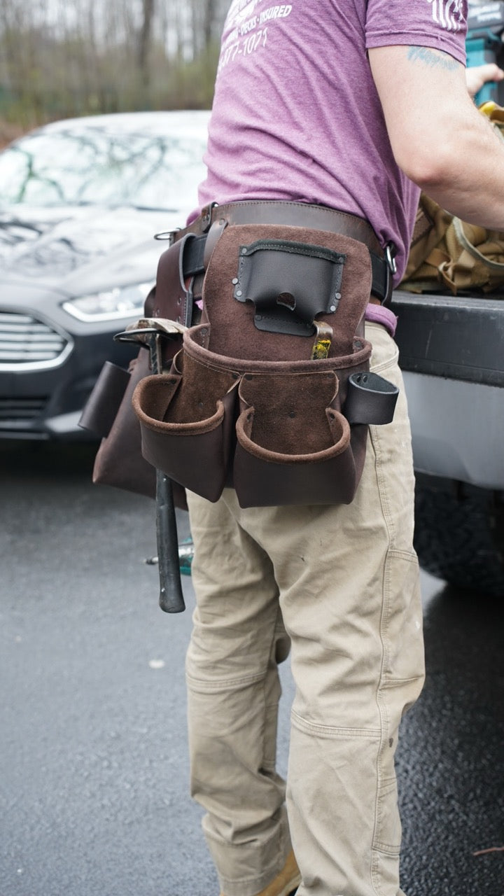 leather Tool Bag, brown, right side view on person