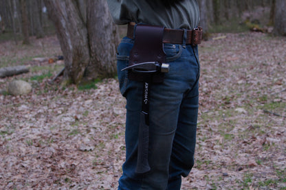 low mount leather hammer holder, side view on person