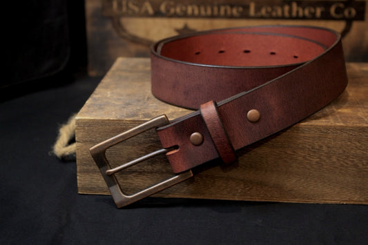 the oxblood mens leather belt, front view rest